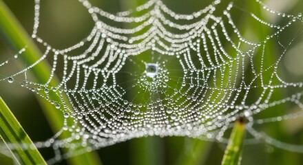 Fototapeta premium Dew-Kissed Spiderweb: A delicate creation adorned with morning's glistening pearls