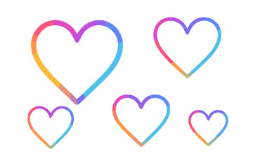 Gradient rainbow heart outline set, modern love symbol line art collection featuring colorful Instagram-style spectrum stroke hearts, romantic valentine clip art, editable vector illustration on white