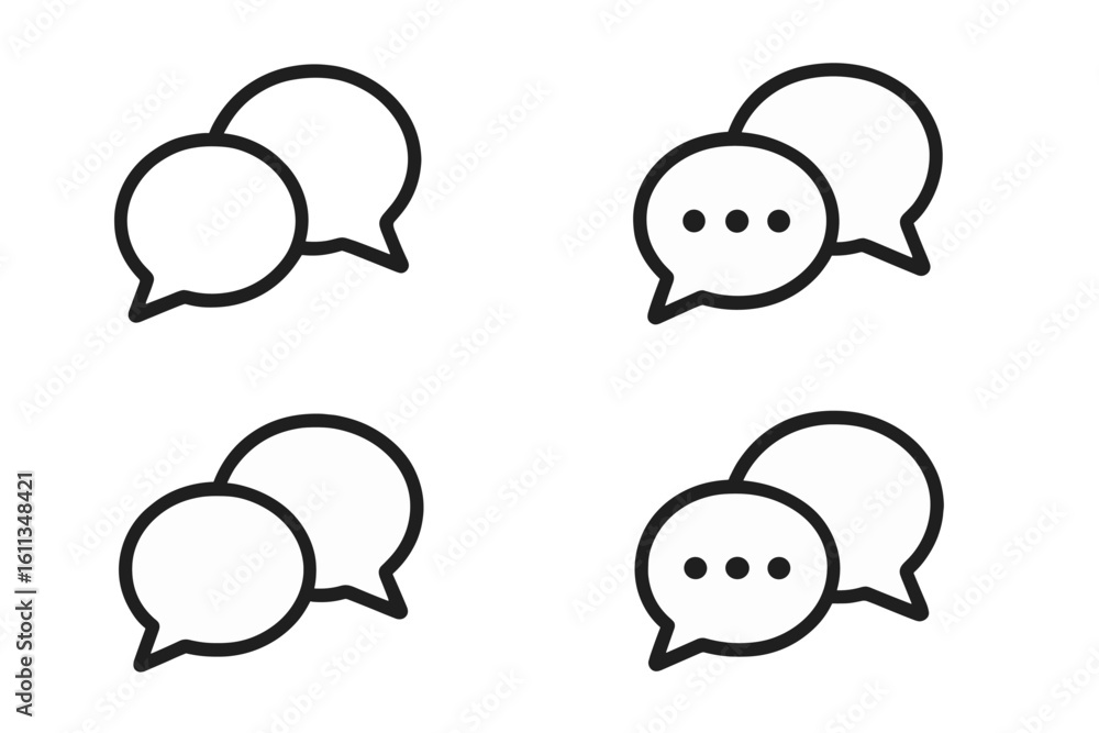 Poster outline speech bubble icon set. pair of chat conversation balloons with and without ellipsis. minima