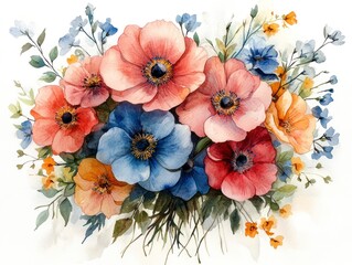 Colorful watercolor bouquet featuring anemones and wildflowers in a soft, natural style at springtime