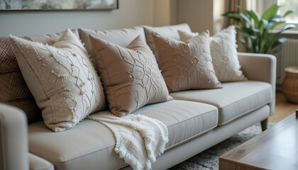 Cozy bedroom interior with sofa pillows bed and luxury decor