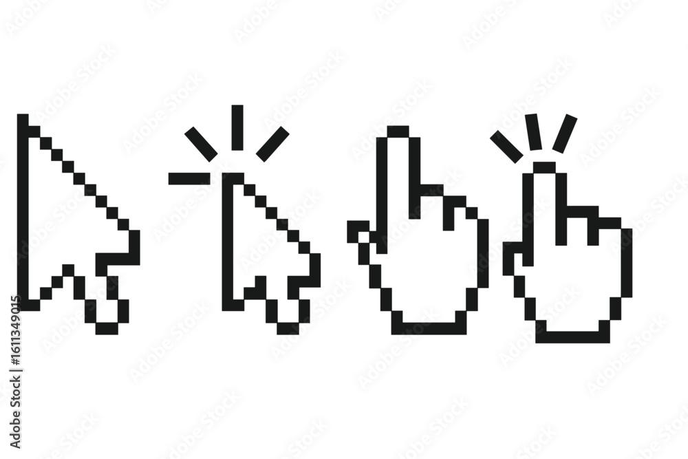 Poster pixel cursor icon set with mouse arrow pointer and hand clicking symbol, retro 8-bit pixel art black