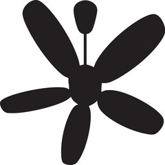 A silhouette of a ceiling fan with five blades against a plain white background in a simple style