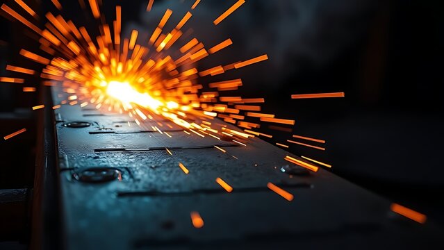 Close-up of glowing orange sparks on textured metal in a dark industrial environment.