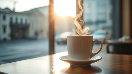 A steaming cup of coffee on a cafe table, warmed by morning sunlight.