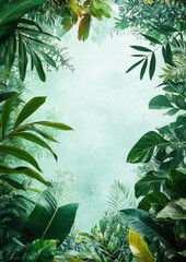 Lush green tropical leaves frame light green background, creating vibrant and inviting atmosphere perfect for invitation or nature themed design