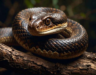 snake in the dark forest. close up of a python snake. Snake coiled on branch with intense gaze in dark environment.