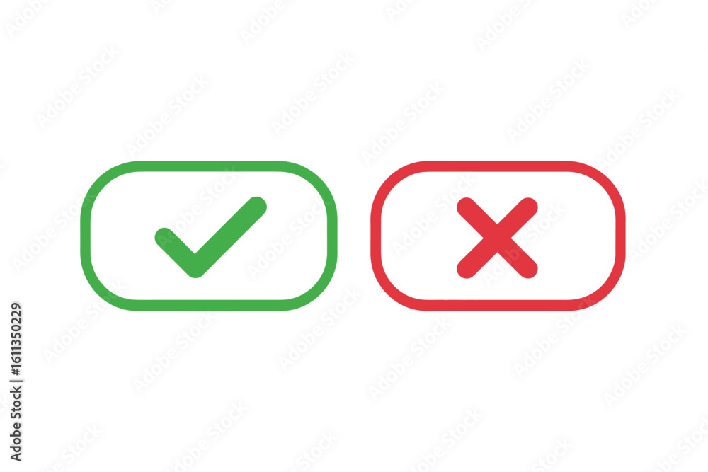 Poster green check mark and red cross button icons with rounded borders for approval rejection choice, yes 