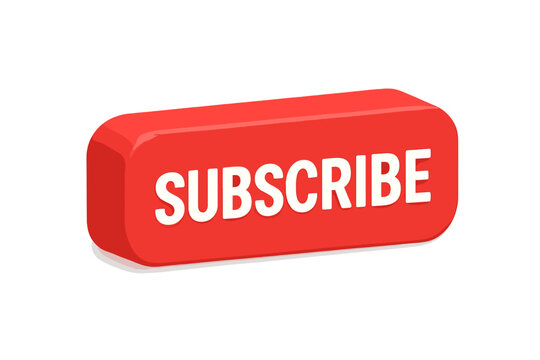 3D red subscribe button icon with bold white text, YouTube call to action for social media channels, isolated on white background, marketing UI element driving follower growth