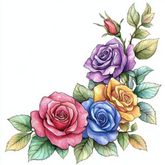 Colorful roses in detailed illustration with vibrant petals and lush green leaves create lively and elegant floral arrangement. variety of colors adds cheerful and artistic touch