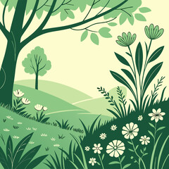 Serene Green Landscape Illustration with Blooming Flowers and Rolling Hills