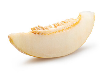 Yellow melon slice with seeds isolated on white background. File contains clipping path.