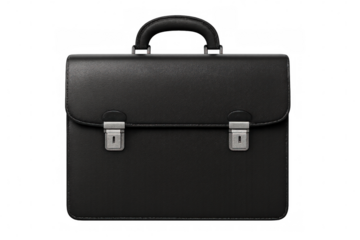 Classic black leather briefcase closed with silver locks, isolated on transparent background, perfect for business and finance concepts