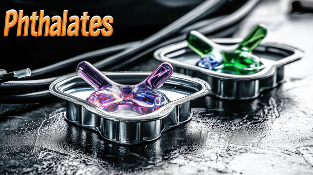 Conceptual image of phthalates, with colorful plasticizers shown inside industrial components to represent their use in manufacturing.