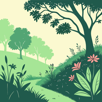 Serene Green Landscape with Winding Path and Flowers