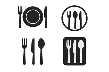 Restaurant menu cutlery icon set – minimal flat black silhouette plate, fork, knife, spoon symbols in circle and rectangle frames. Vector tableware pictograms for cafe signage.