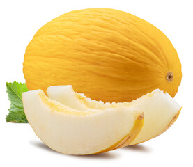 Canary yellow melon and melon slices isolated on white background. Cut out PNG file.