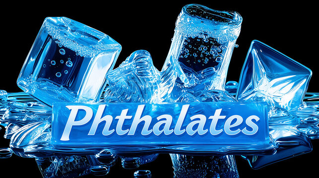 Conceptual image of phthalates, with the word on a sign in water with melting ice cubes, symbolizing the leaching of chemical plasticizers into drinking water.