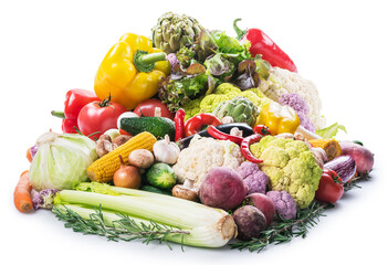 Plenty of fresh organic vegetables and herbs close-up. Food background.