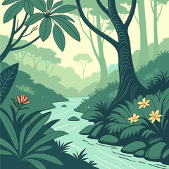 Serene Teal Green Tropical Forest River Landscape