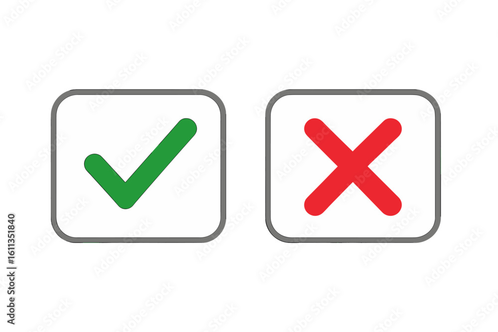 Poster green tick checkmark and red cross cancel icon buttons isolated on transparent background. design ye