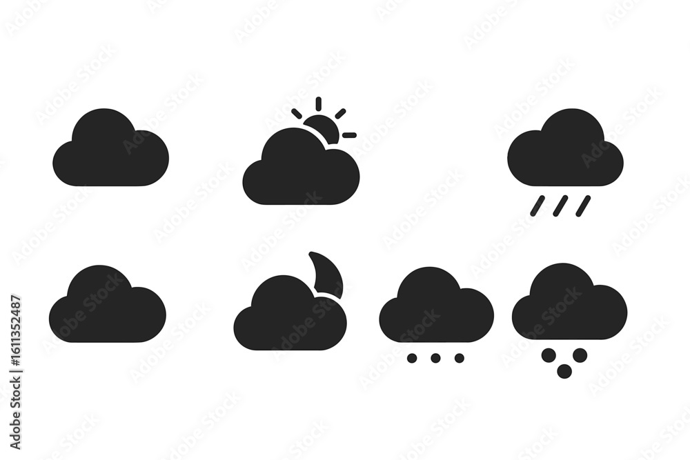 Aufkleber weather cloud icon set vector black silhouette symbols. simple minimalist ui interface elements. rai
