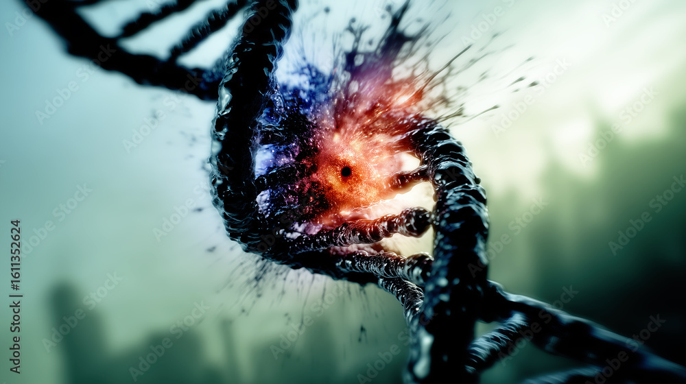 Poster conceptual image of genetic mutation or dna damage, shown as an explosive burst on a double helix st