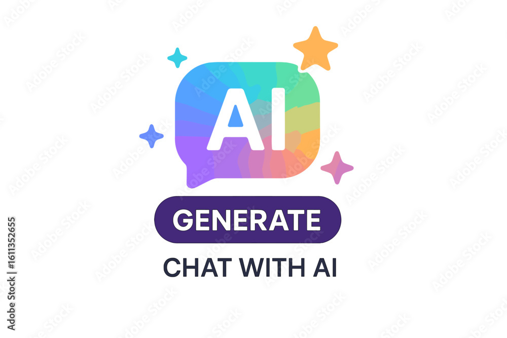 Poster artificial intelligence ai chatbot logo with colorful gradient speech bubble, generate button, stars