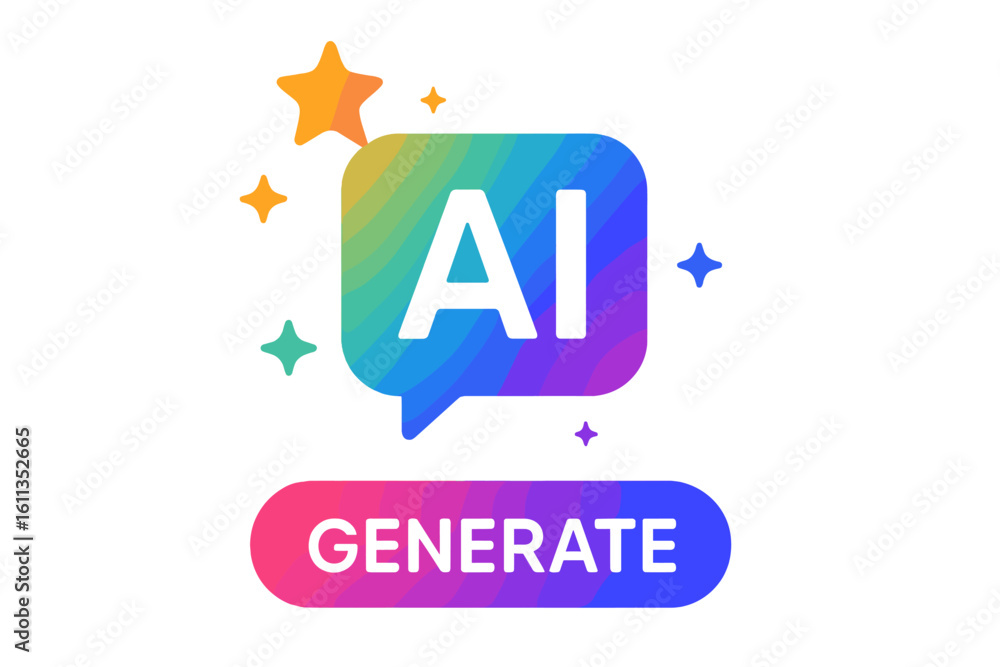 Poster artificial intelligence logo with colorful stars gradient ai chat bubble generate button symbol for 