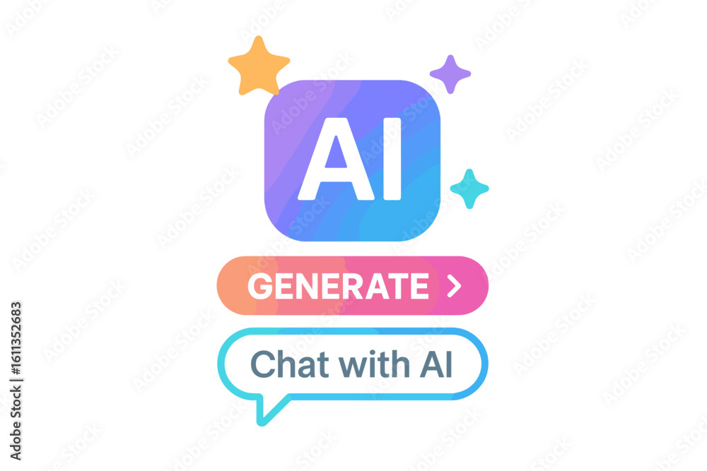 Poster artificial intelligence ai logo icon with colorful gradient stars sparkles generate chat buttons for