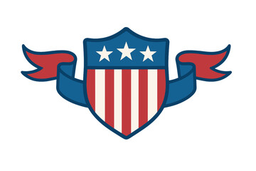 American patriotic shield emblem with stars stripes ribbon banner. USA flag colors national symbol vector illustration design element for independence freedom