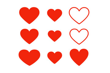 Set of red heart icons and outline love symbols isolated on transparent background. Flat vector Valentine day pictogram collection for social media like button, rating icon