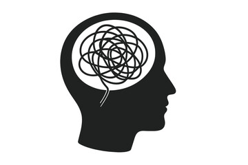 Male head silhouette with tangled scribble brain knot symbolizing anxiety stress depression, psychotherapy counselling concept, mental health disorder, brainstorming confusion