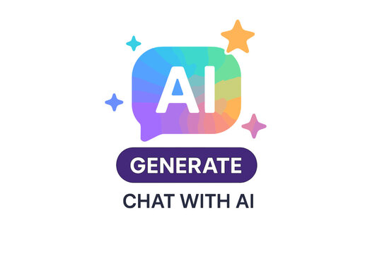 Artificial intelligence AI chatbot logo with colorful gradient speech bubble, generate button, stars decoration. Modern chat bot symbol for app, website, UI design