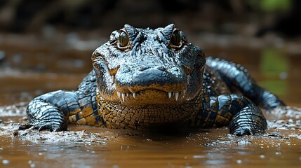 Obraz premium Mud covered reptilian predator with piercing eyes
