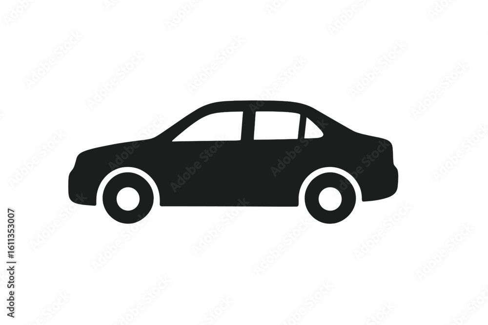Poster black sedan car silhouette icon vector symbol. automobile vehicle side view profile flat graphic des