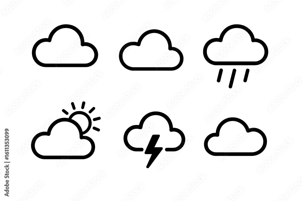Poster weather cloud icon set vector symbols. rain storm sunny cloudy forecast meteorology ui interface des