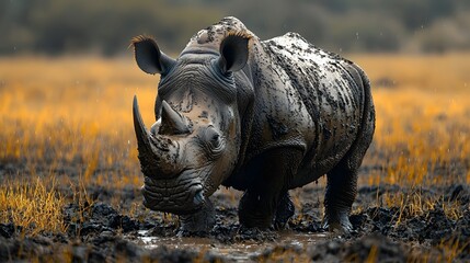 Fototapeta premium Powerful rhinoceros covered in thick mud a natural armor