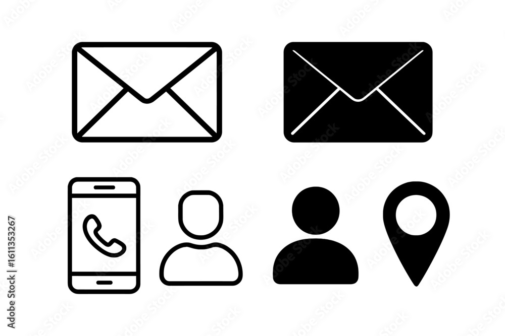 Poster contact information icons set. business communication symbols. email phone location user profile vec