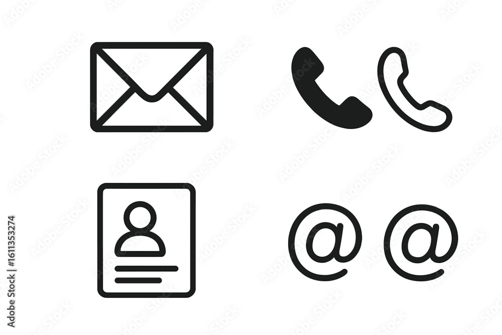 Poster contact information icons set. business communication symbols. email phone profile at sign vector gr
