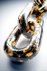 Blockchain technology concept shown as a strong metal chain link with glowing internal circuits, symbolizing digital security and cryptocurrency.