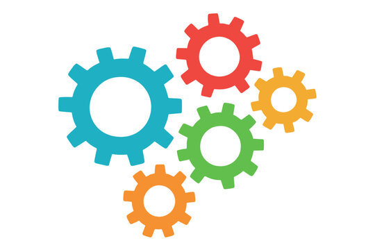 Colorful interlocking gears teamwork concept. Multicolored cogs mechanism business process collaboration. Industrial machinery parts working together vector illustration