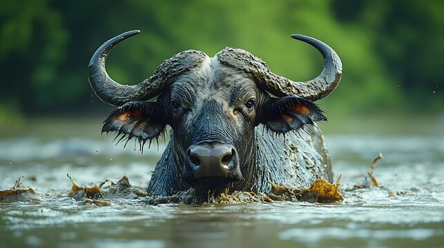 A powerful water buffalo wading through thick mud