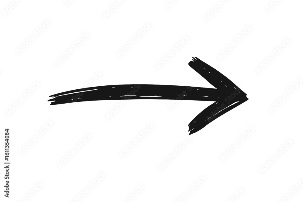 Poster hand drawn black arrow pointing right. brush painted direction indicator. sketch doodle navigation e