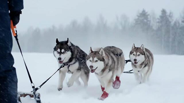Energetic Siberian Huskies Pulling Sled in Pristine Winter Snow Showcasing Dog Sledding Adventure and Power on a Cold Snowy Day Outdoors