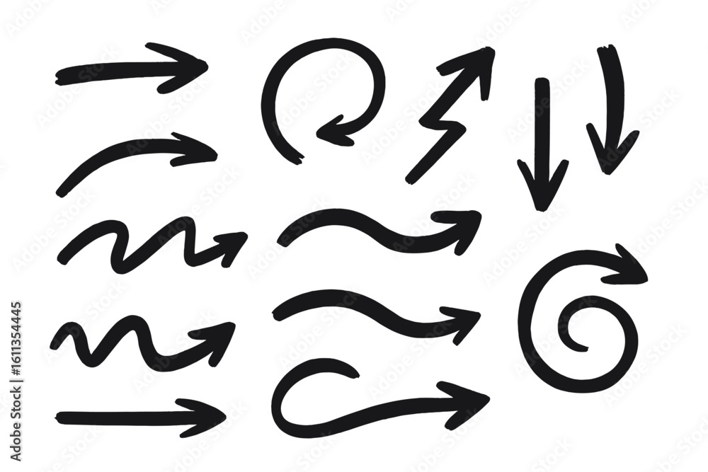 Poster hand drawn arrow set grunge marker scribbles curve brush strokes sketch direction shapes marks pen a
