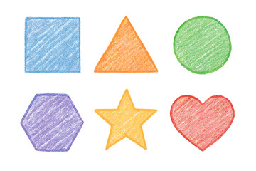 Colorful hand drawn geometric shape set – blue square, orange triangle, green circle, purple hexagon, yellow star, red heart, crayon sketch style kids vector on transparent background