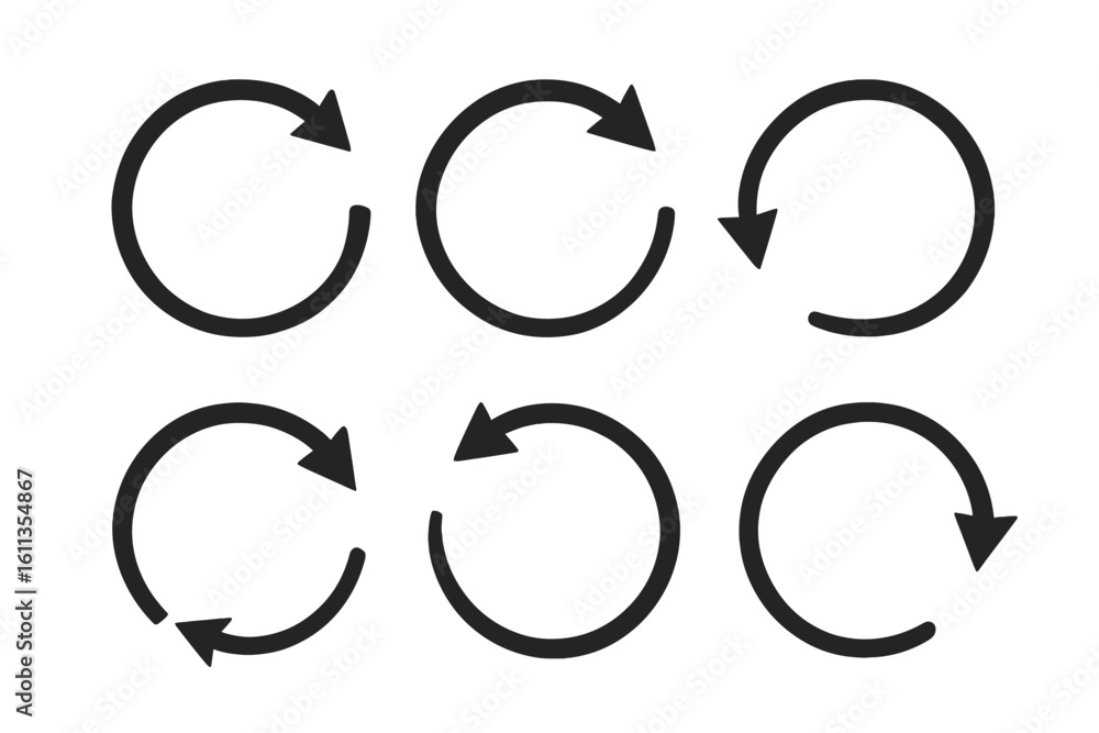Poster circular refresh arrow icons collection showing clockwise rotation, simple bold round loop arrows se