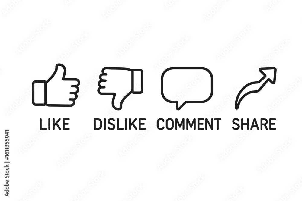 Poster social media reaction buttons set like dislike comment share icons. ui ux web interface elements. ou