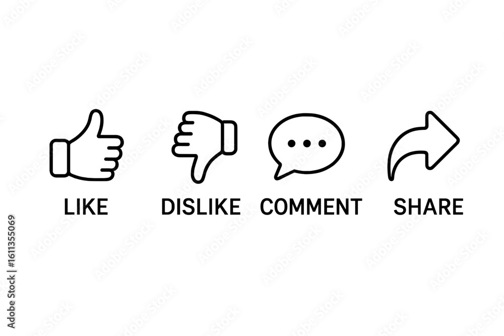 Poster social media reaction buttons set. like dislike comment share icons. outline vector illustration for